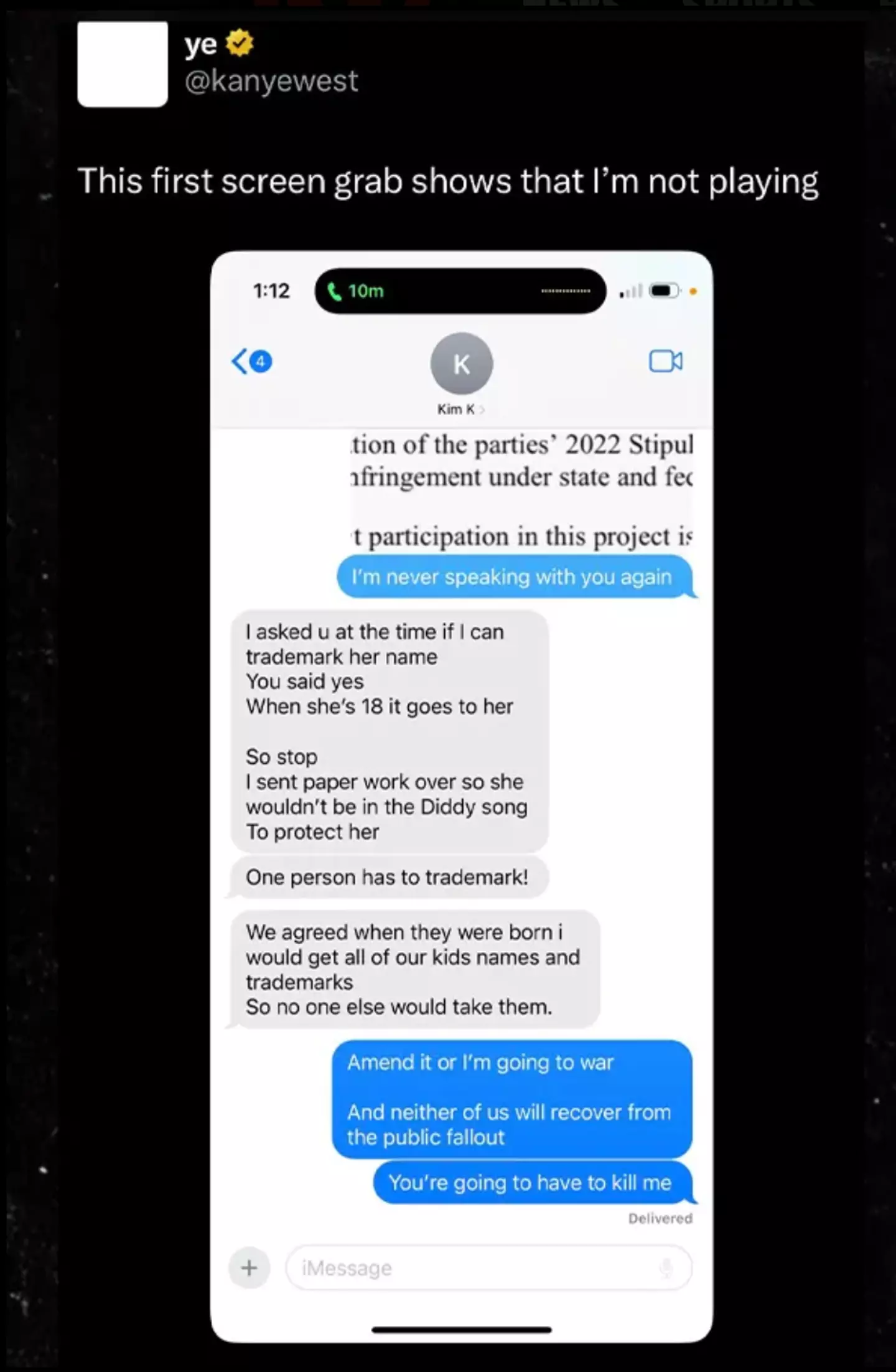 Kanye threatened Kim via text (X/@kanyewest)