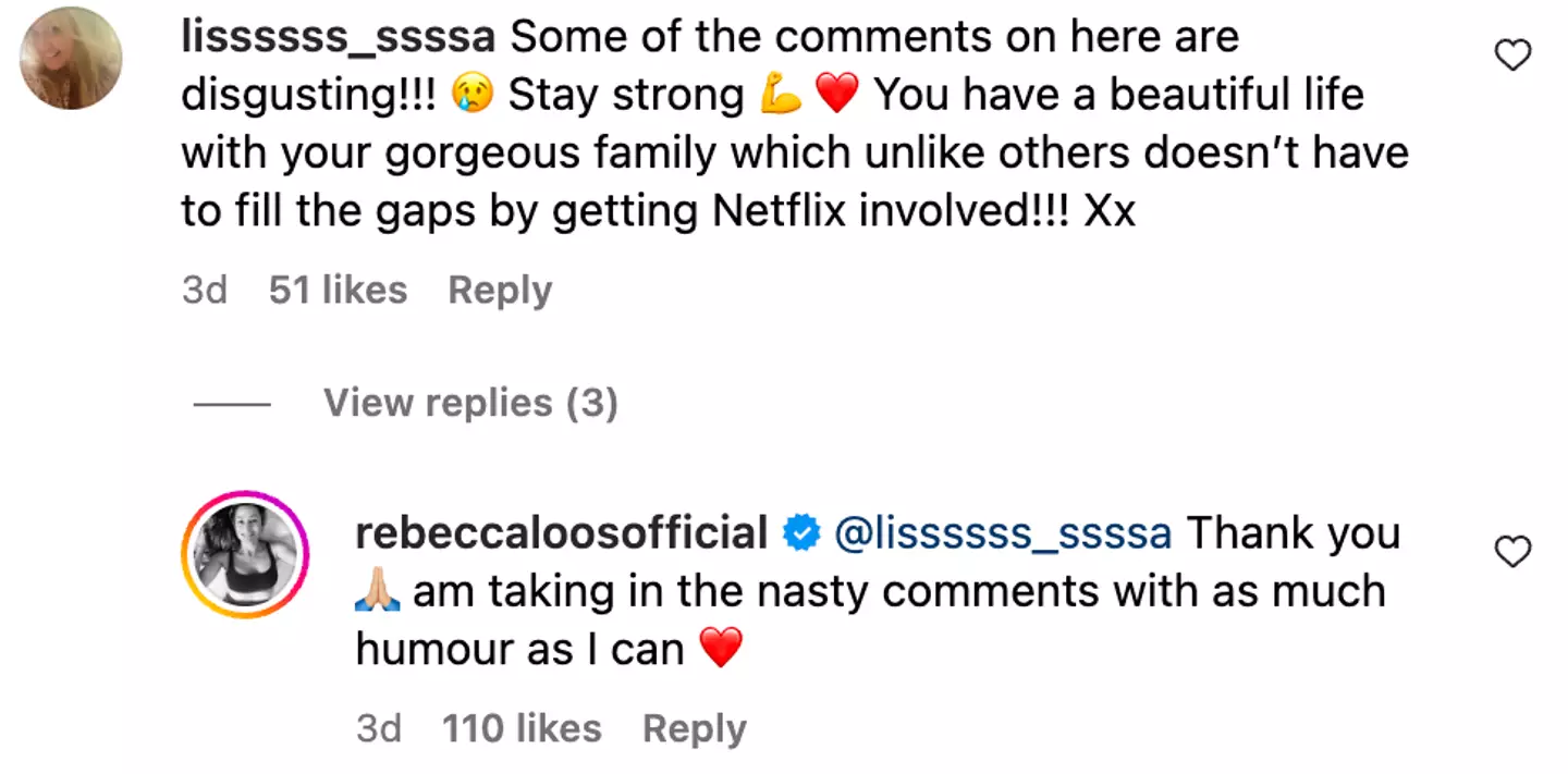 Rebecca issued her response to the 'nasty' comments.