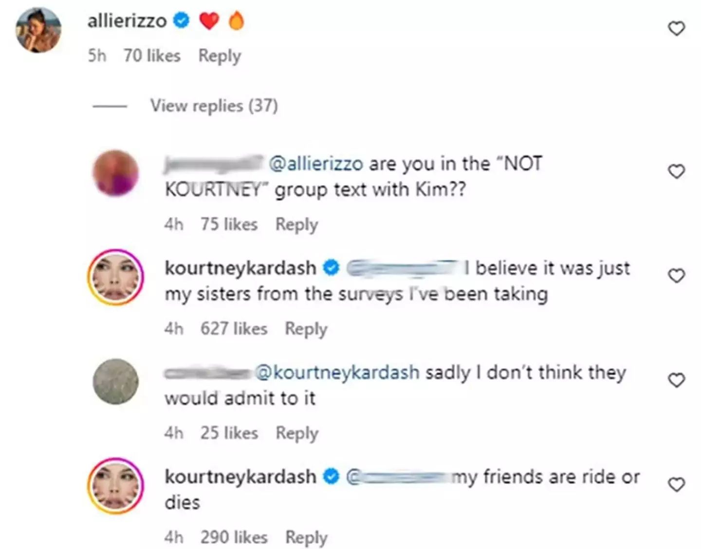 Kourtney threw shade at her sisters in an Instagram comment.