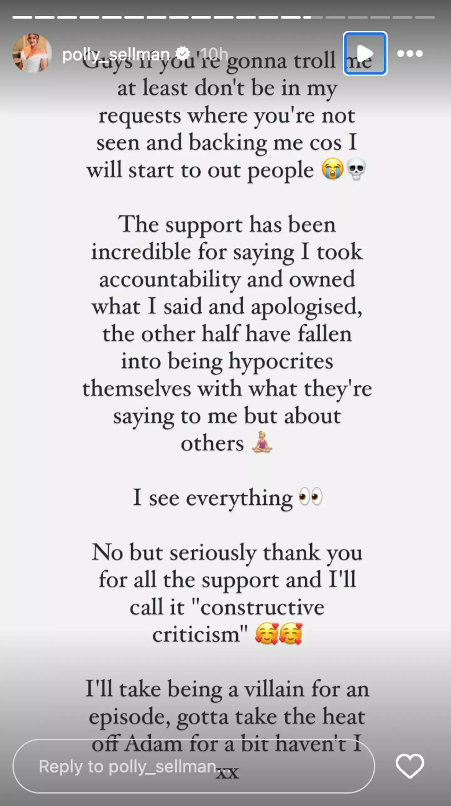 She thanked her fans for supporting her through the backlash (Instagram/@polly_sellman)