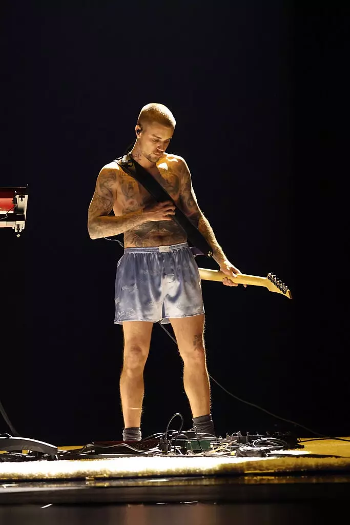 The singer performed in nothing but purple boxers and a pair of socks (Kevin Mazur/Getty Images)