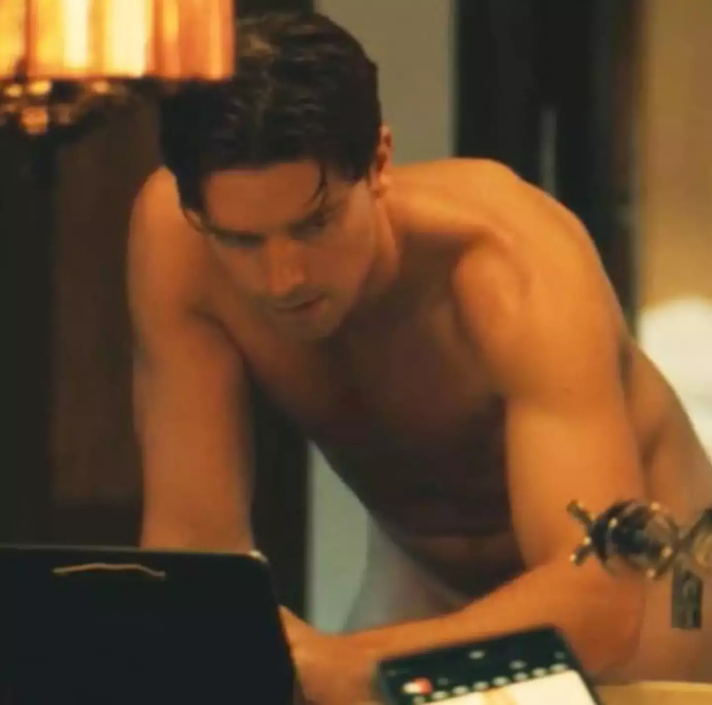 The scene includes a very nude Patrick Schwarzenegger (HBO)