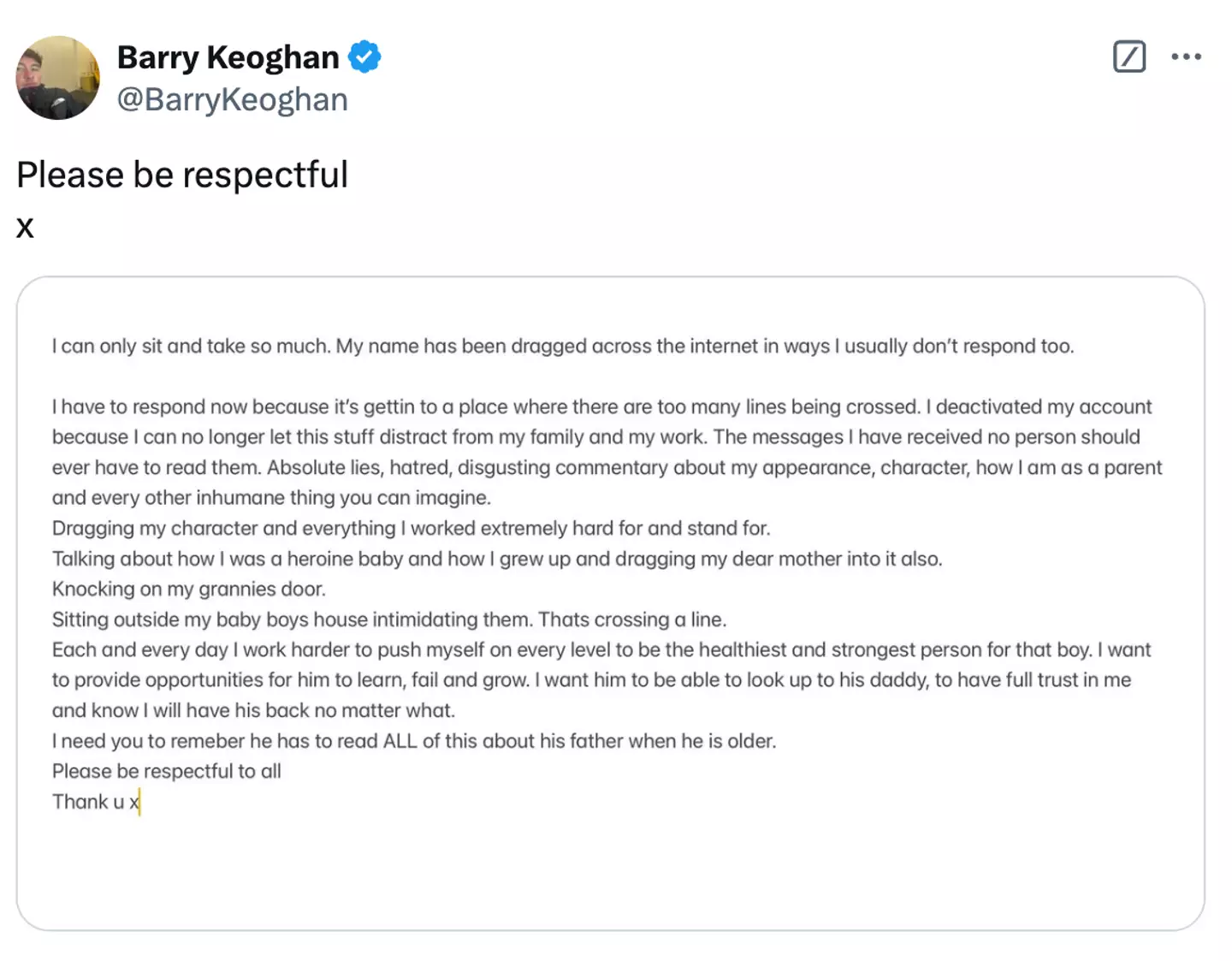 Barry previously commented on the 'inhumane' treatment he received following the reported split (X/@BarryKeoghan)