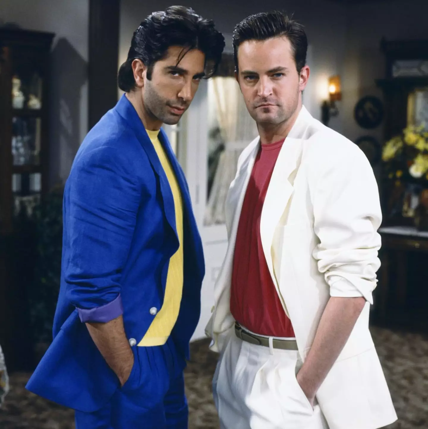 David Schwimmer and Matthew Perry on the set of Friends.