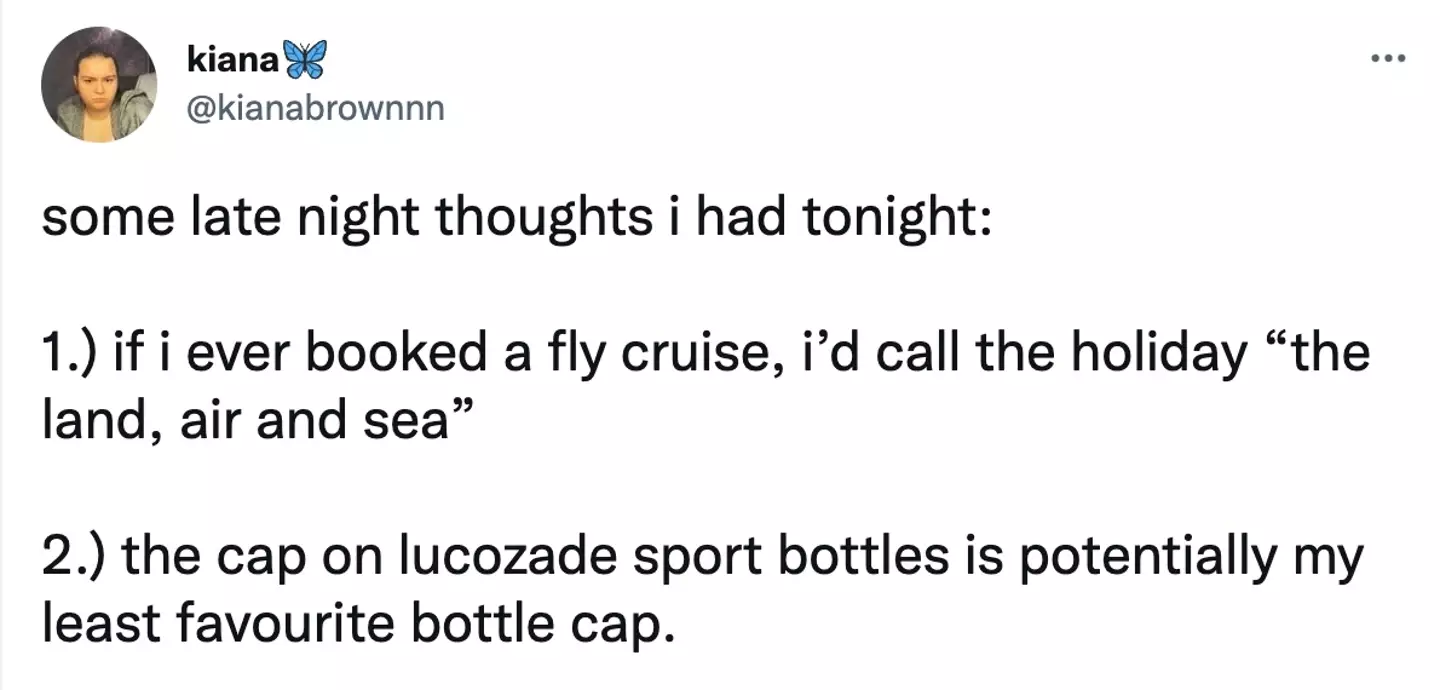 On Twitter, Kiana wrote: “The cap on Lucozade Sport bottles is potentially my least favourite bottle cap.” (Twitter @kianabrownnn).
