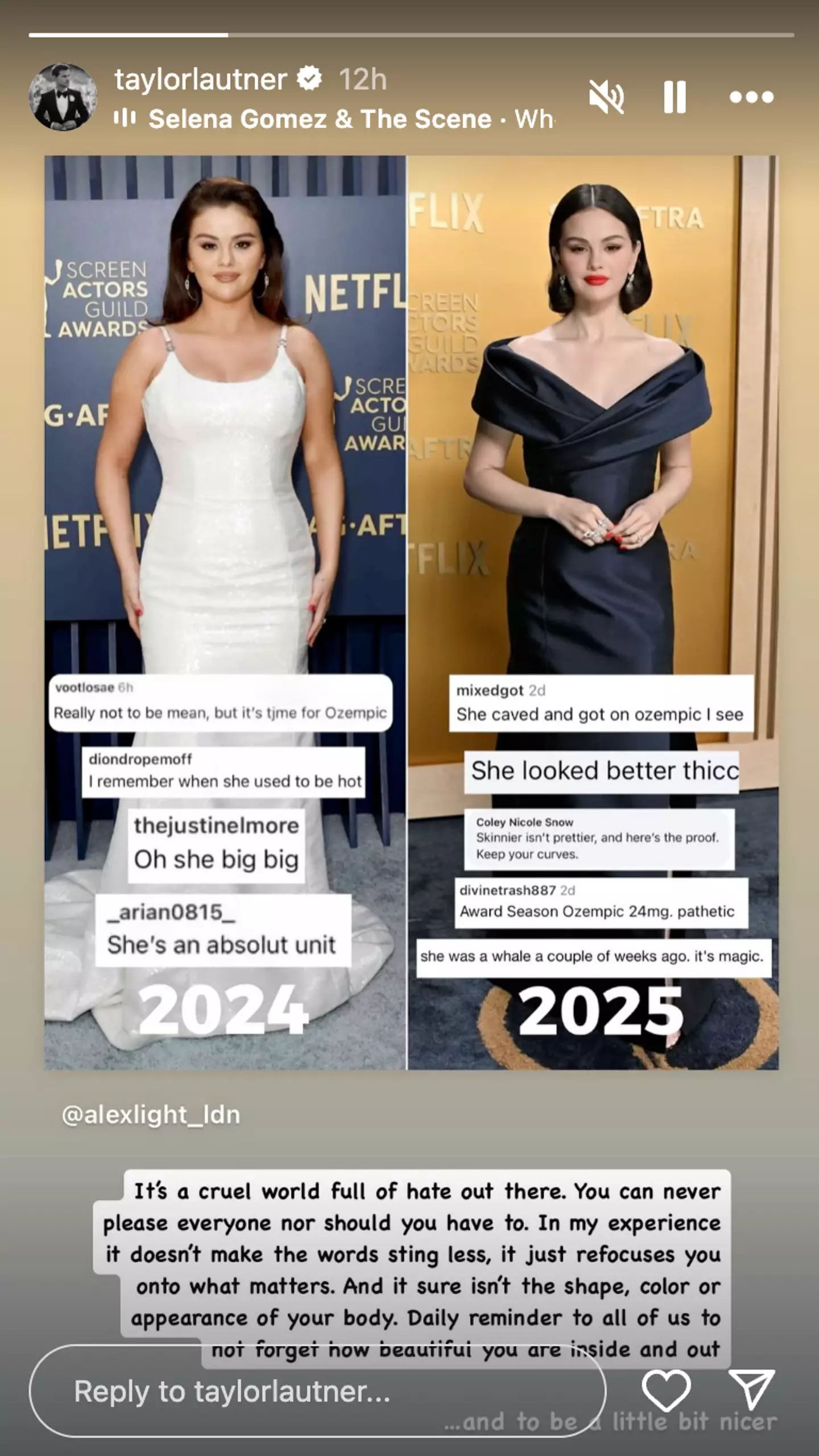 Lautner took to social media to call out the cruel body-shaming trolls online (Instagram/@taylorlautner)