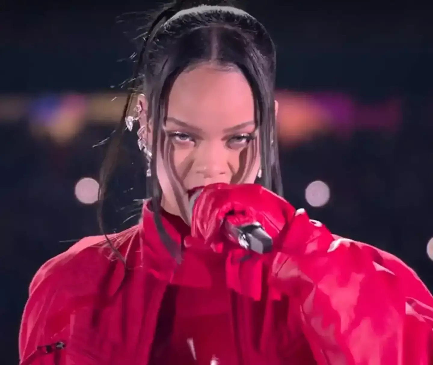 Rihanna displayed her baby bump during her epic Super Bowl performance.