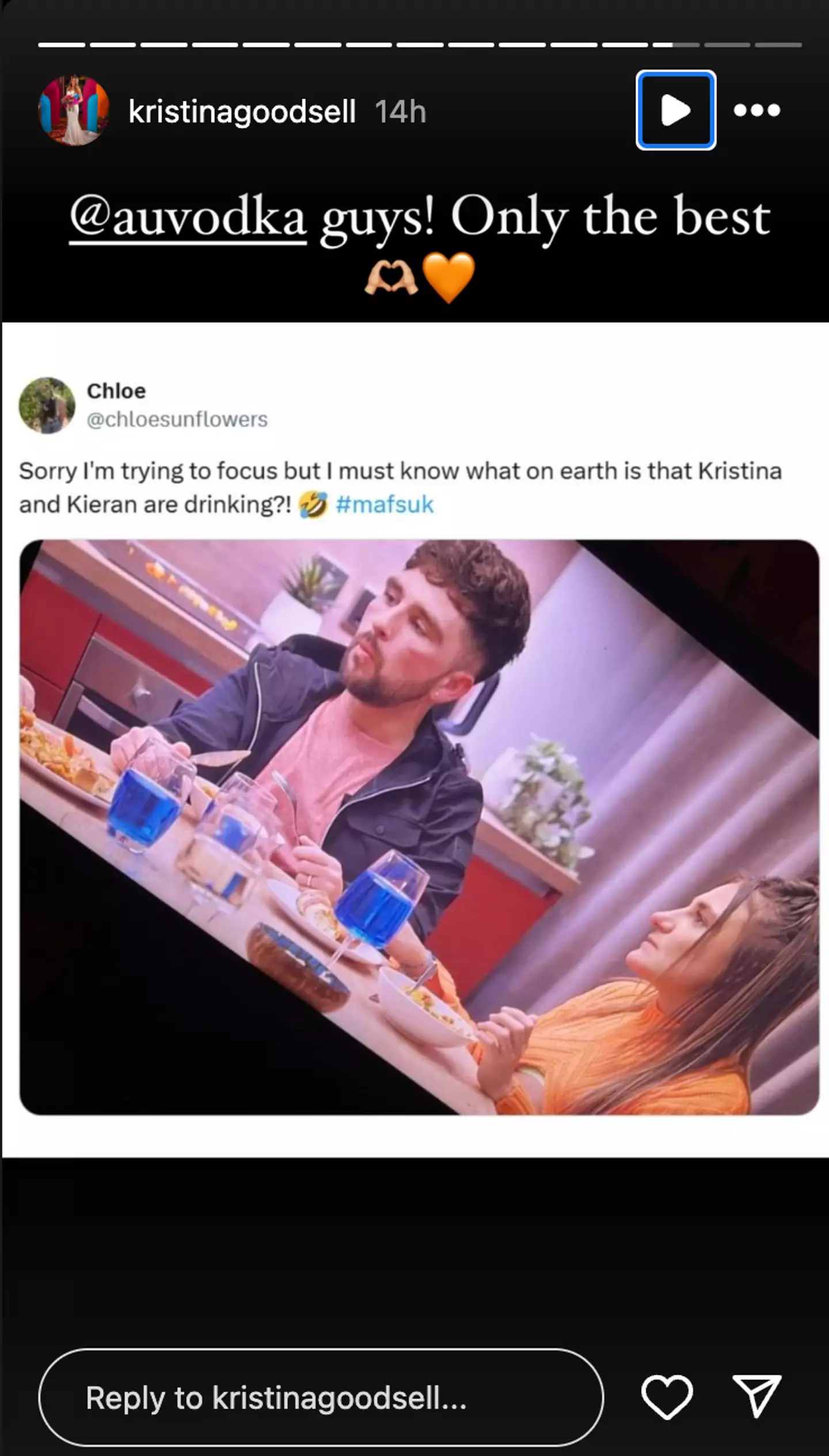 It's only vodka, guys! (Instagram/@kristinagoodsell)