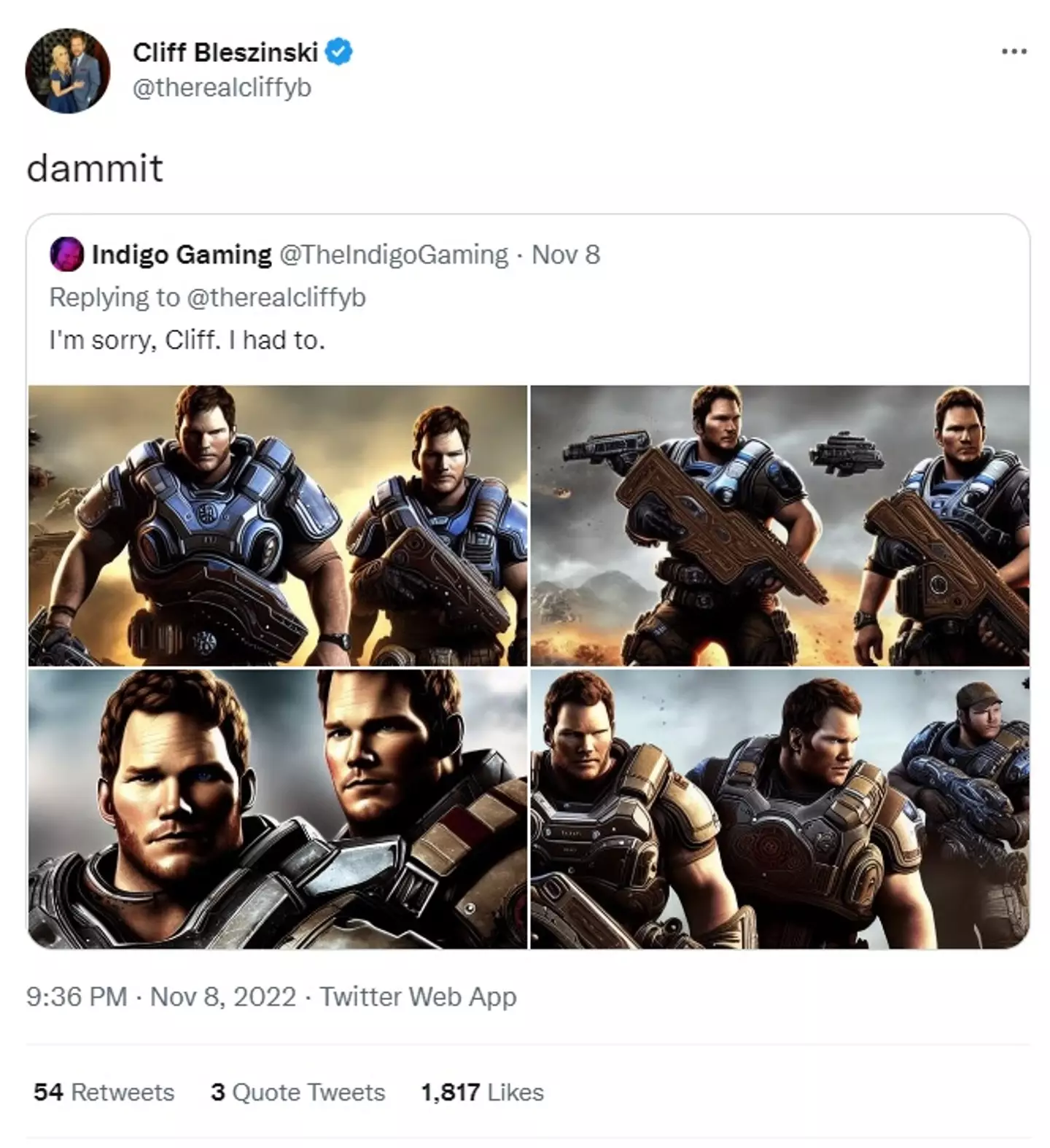 The Gears of War developer also joked around as people shared fanart of Pratt as every character.