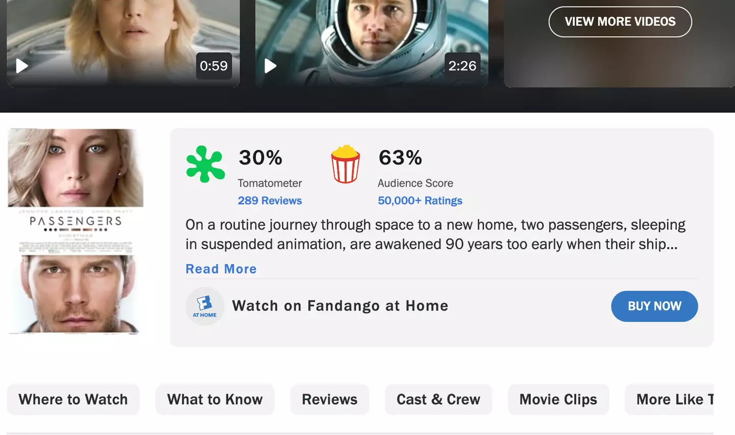 Passengers' Rotten Tomatoes score isn't ideal. (Rotten Tomatoes)