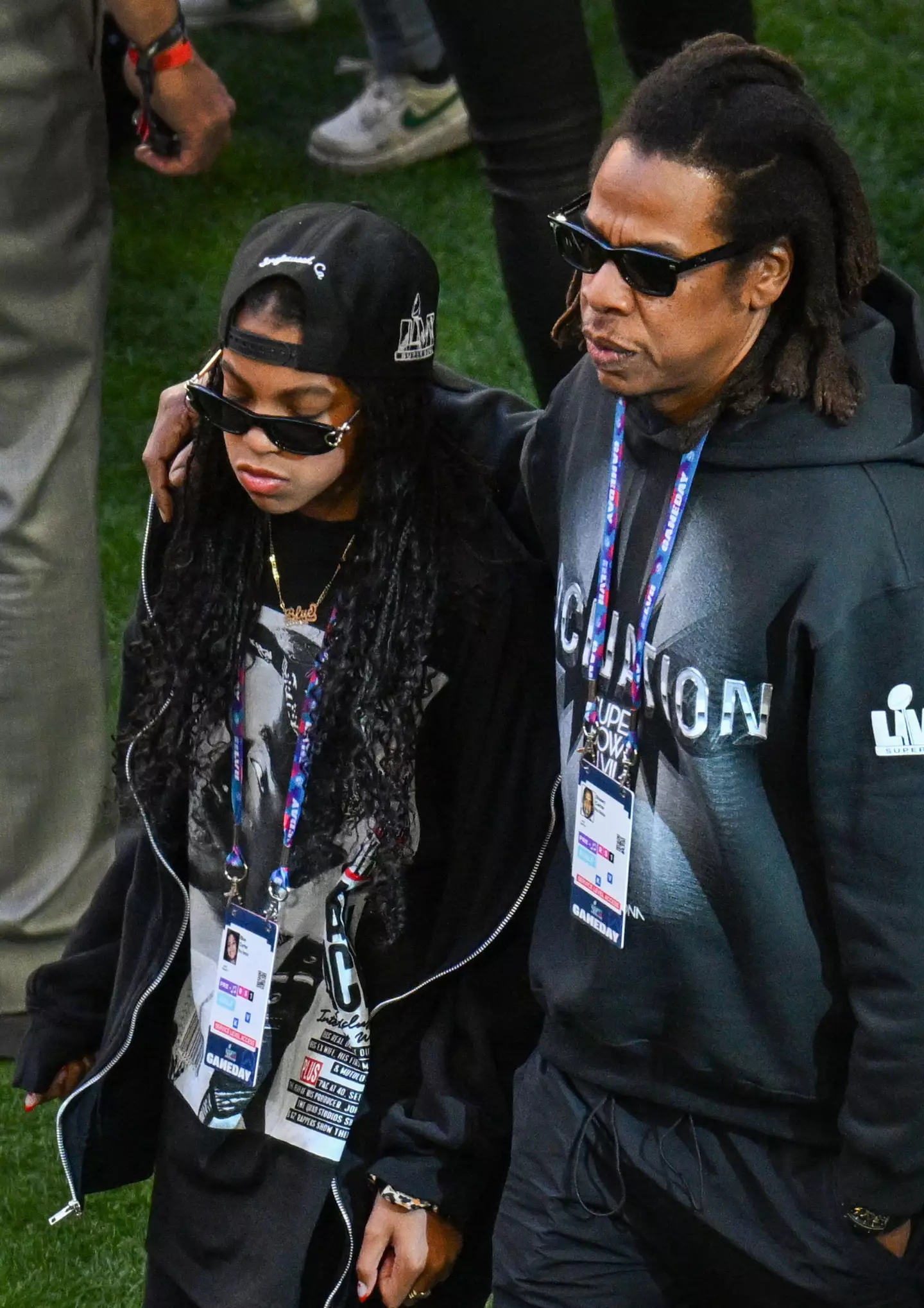 Jay-Z with his daughter, Blue Ivy, at the Super Bowl last night (12 February).