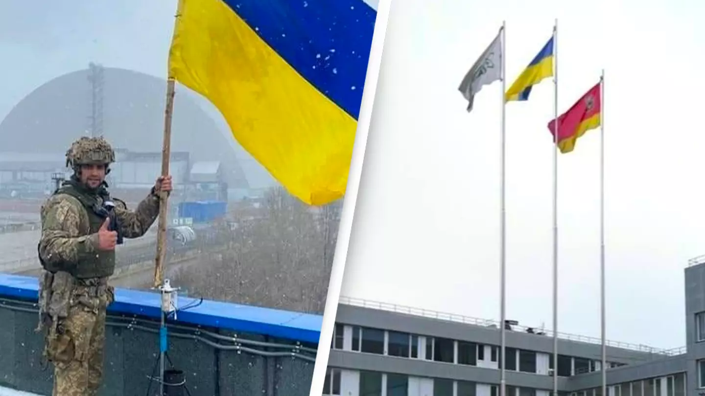 Soldier Poses With Ukraine Flag At Chernobyl After Russian Retreat