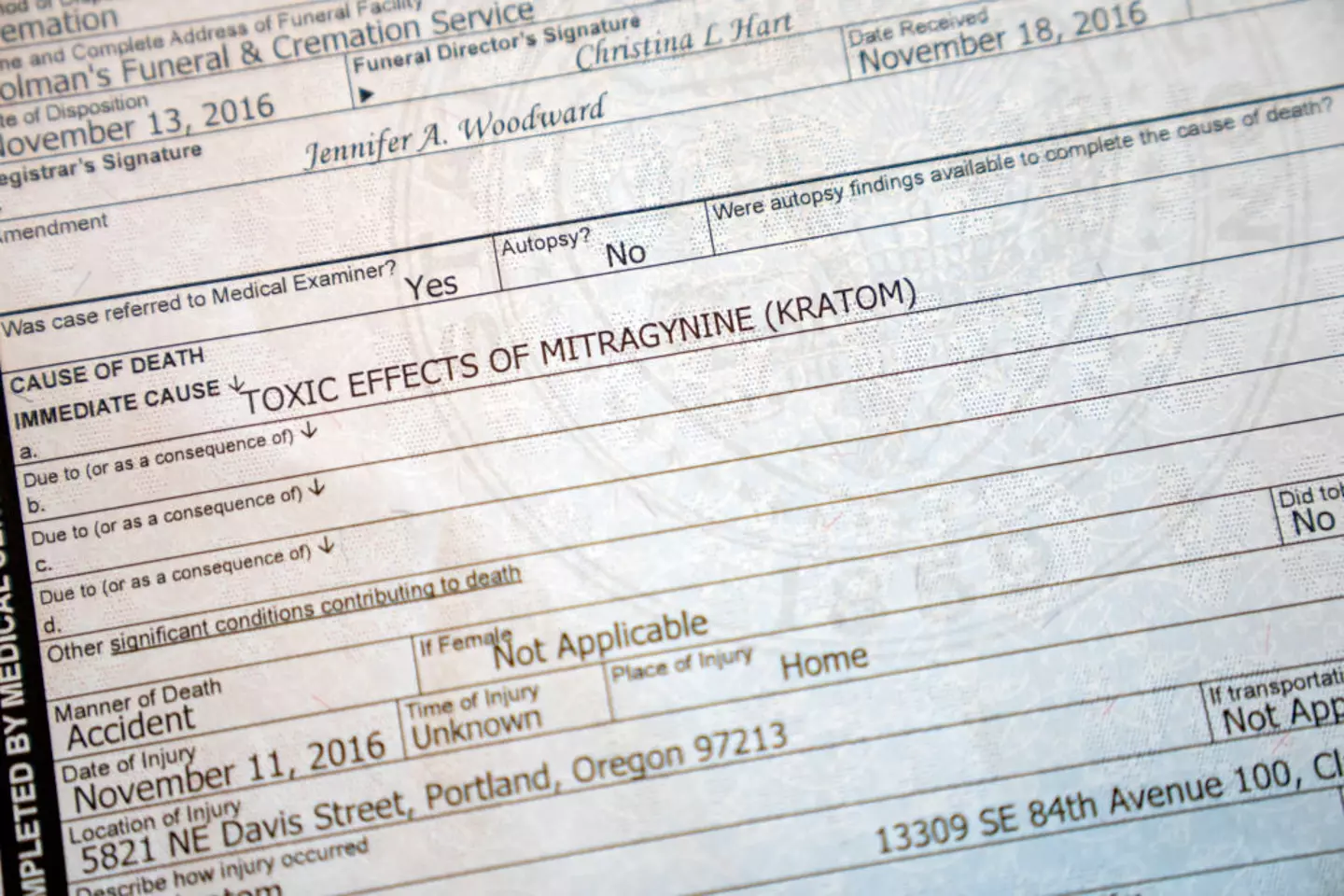 A death certificate of another victim states 'toxic effects of mitragynine (kratom)' as the cause of death (Jessica Kourkounis for The Washington Post via Getty Images)