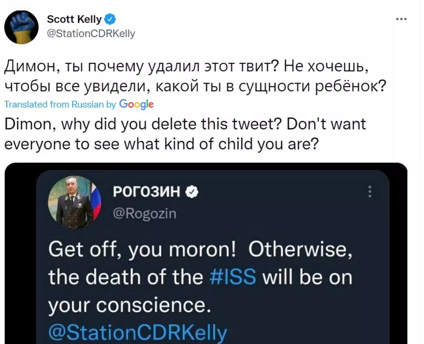 Astronaut Scott Kelly responds to head of Russia's Space Agency (@StationCDRKelly/Twitter)
