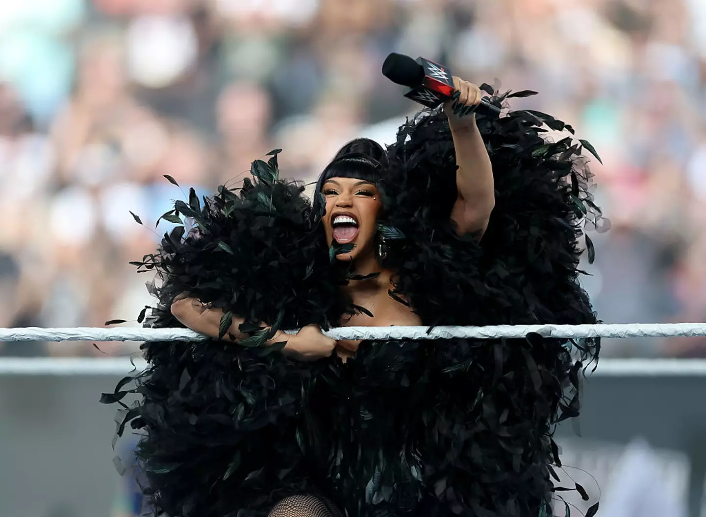 The singer, pictured performing in the ring during WWE 2025 SummerSlam, told her fans 'if I call you fat it's not a big deal' (Elsa/Getty Images)