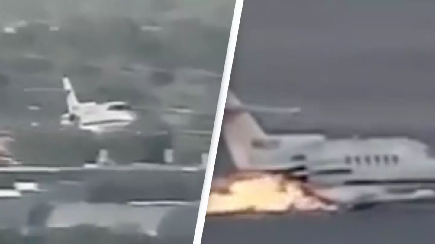Pilot leaves trail of fire as they land plane with no landing gear