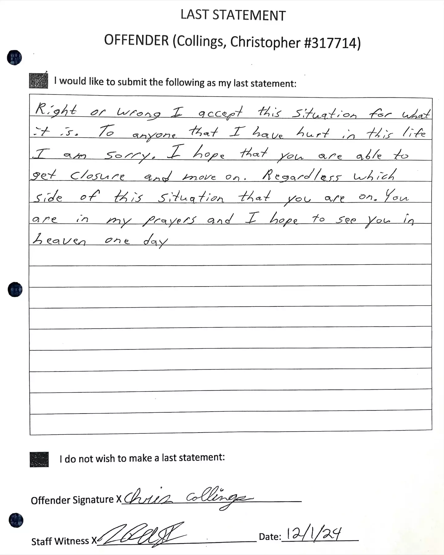 His final words were written down (Missouri Department of Corrections)