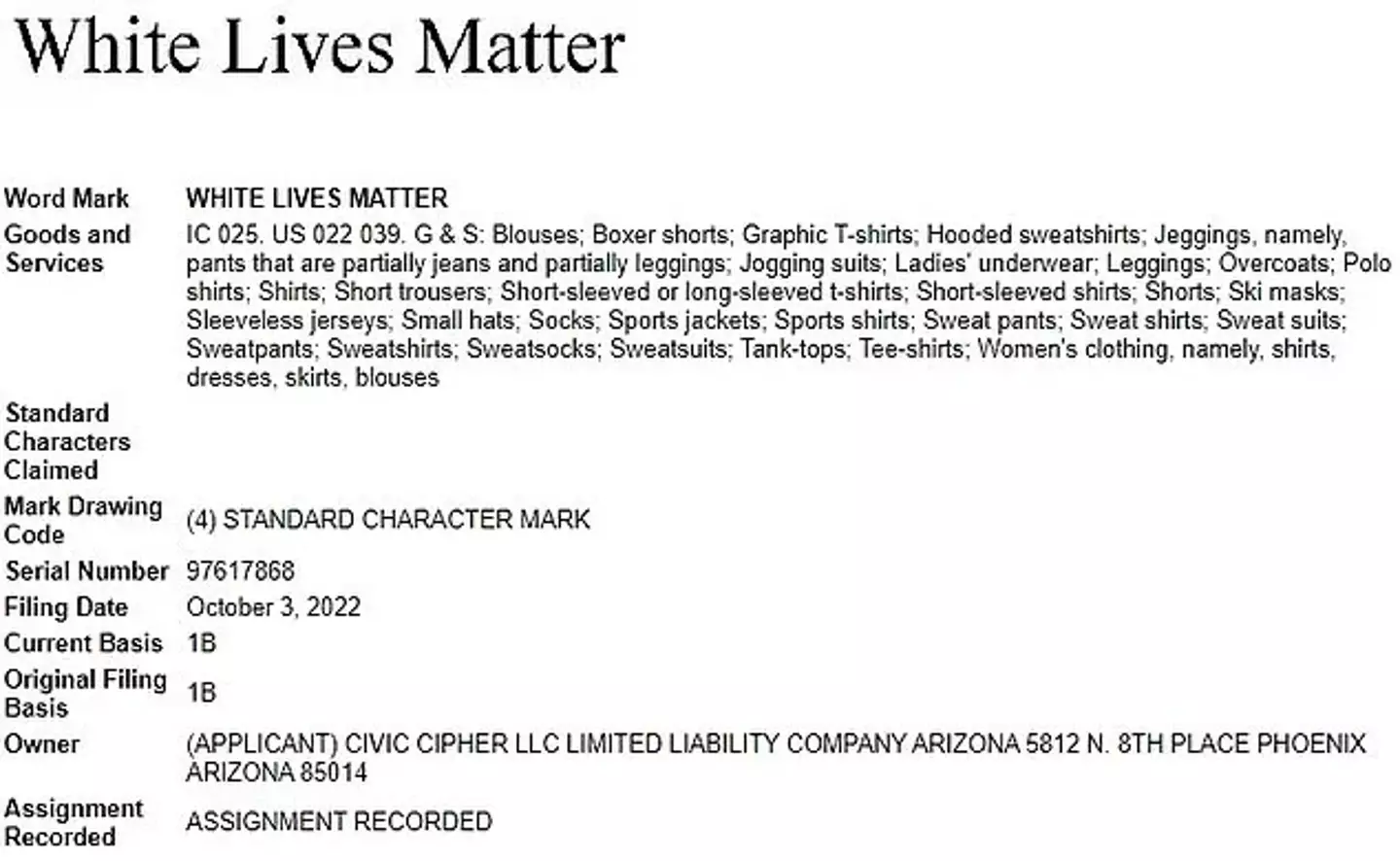 A review of federal records confirming Civic Cipher LLC is the owner of the White Lives Matter trademark