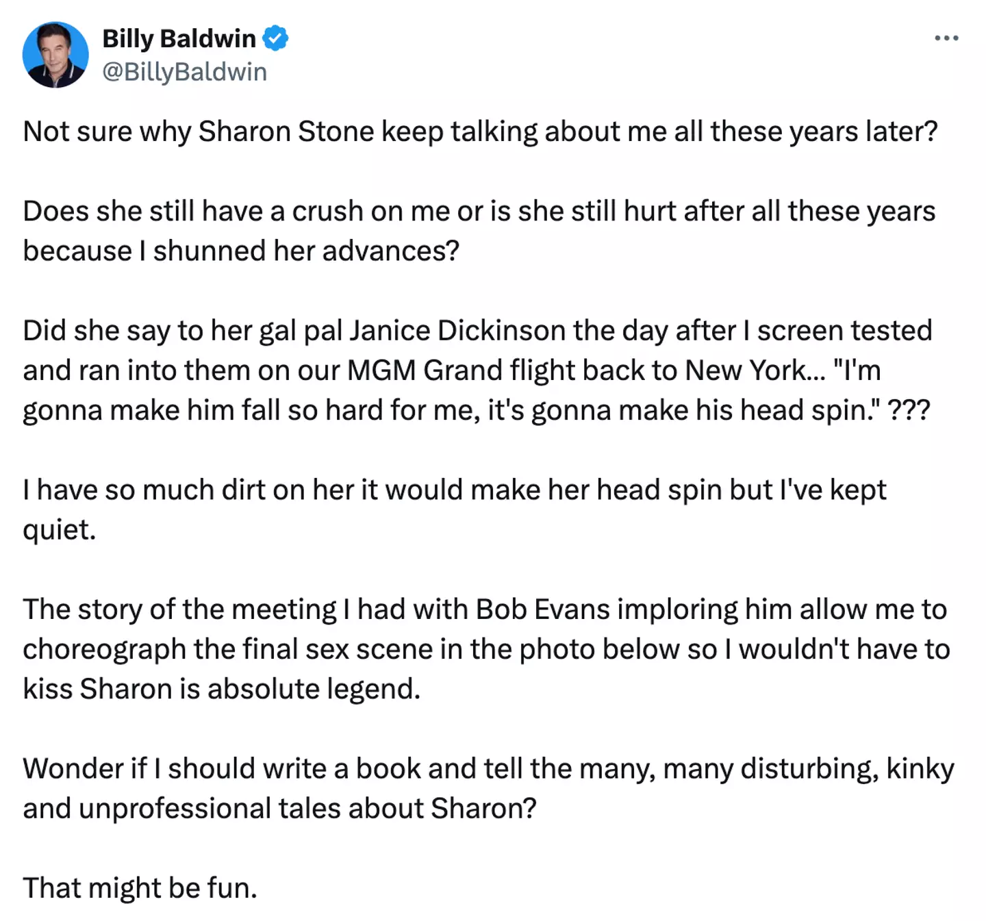 Billy Baldwin responded to Stone's claims on social media.