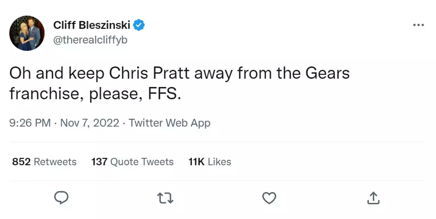 Gears of War creator Cliff Bleszinski said he doesn't want Chris Pratt near the adaptations of his games.