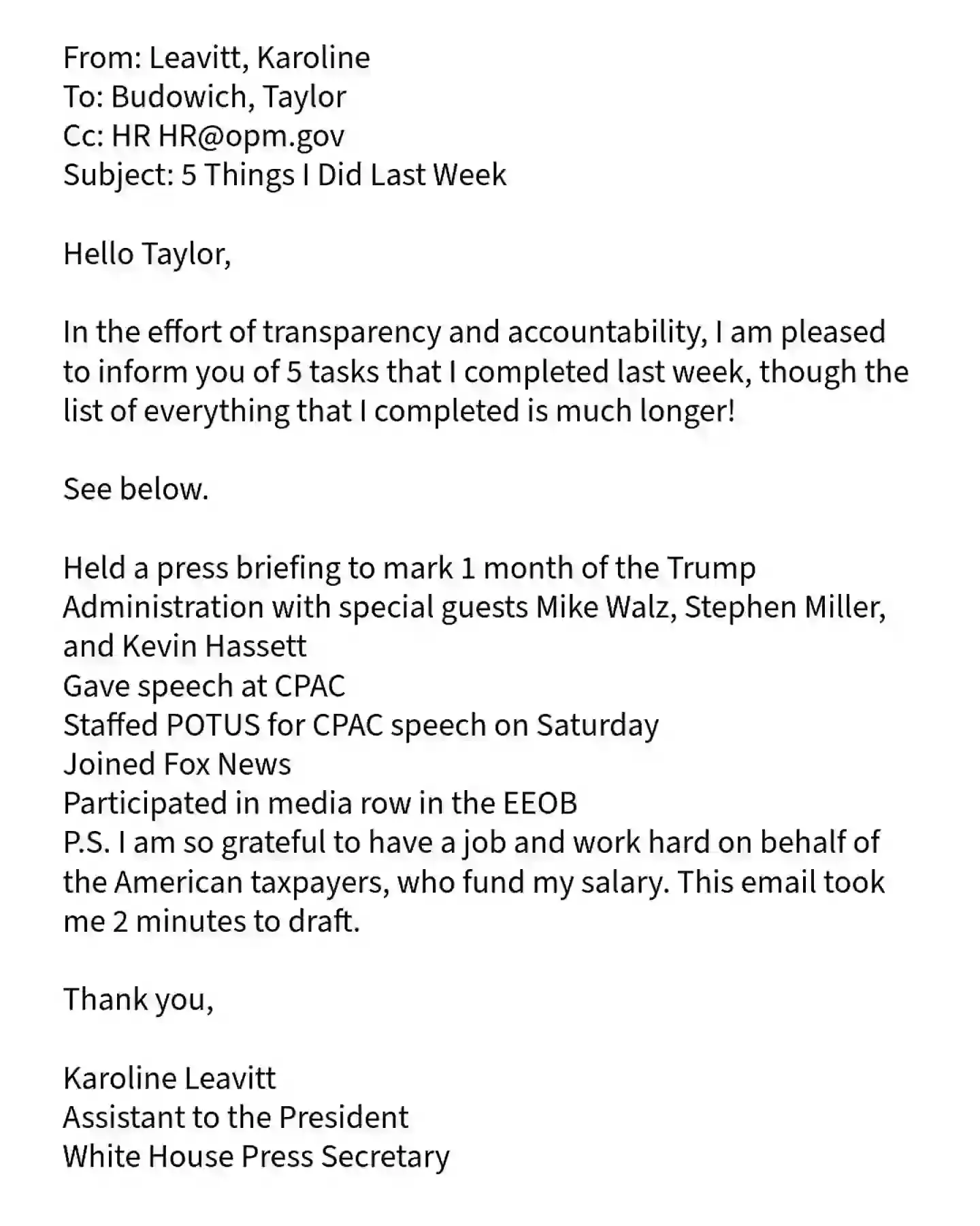 Karoline Leavitt's response to the email (Instagram)