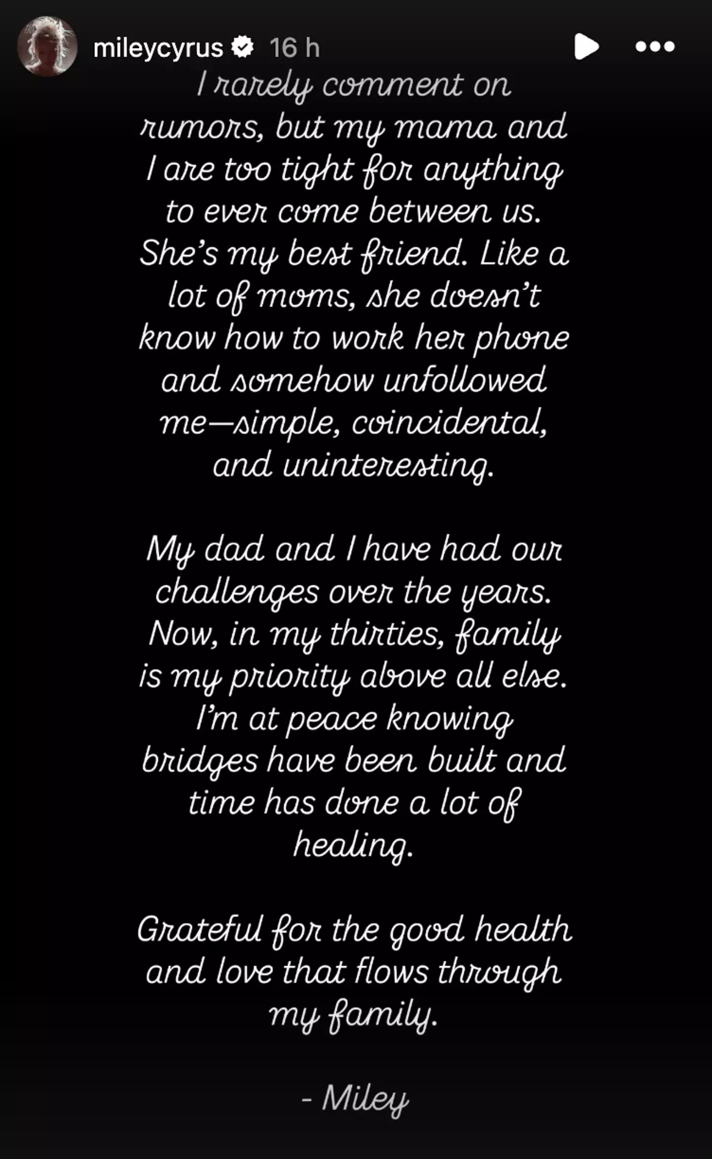 Her post on Instagram suggested there was no beef between the pair (Instagram/@mileycyrus)