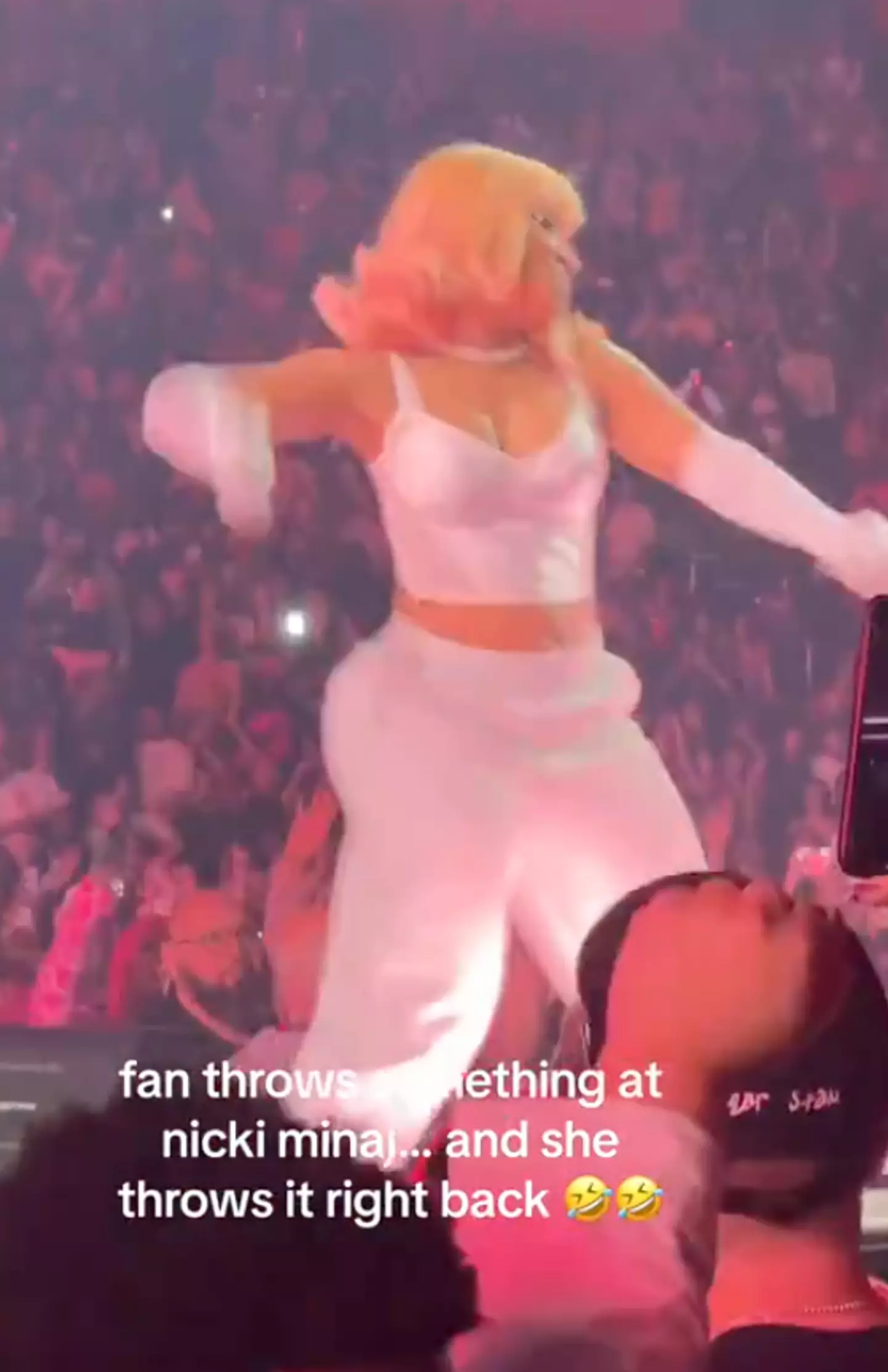 From the videos it appears a fan threw a pink bracelet at the star (TikTok/@itsneshaaa)