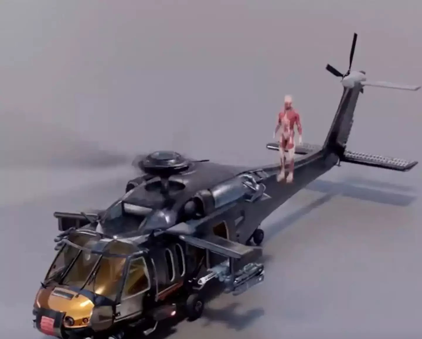 A simulation shows what happens to the human body when it falls through helicopter blades.
