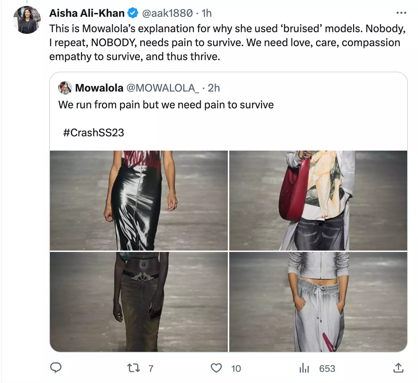 Aisha Ali-Khan called out the brand for its 'explanation' for why they used ‘bruised’ models.