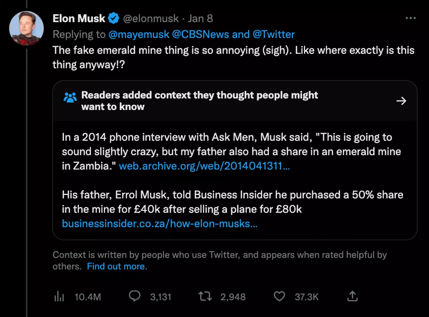Twitter flags that reveal Musk claimed his dad DID in fact own an emerald mine.