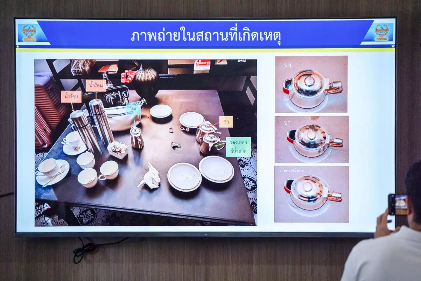Thai police provided images of the tea cups believed to be laced with cyanide. (CHANAKARN LAOSARAKHAM/AFP via Getty Images)