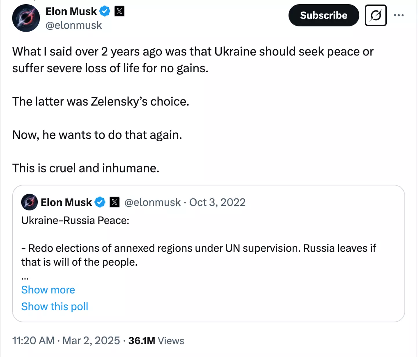 Musk accused Zelenskyy's actions of being 'cruel and inhumane' (X/@elonmusk)