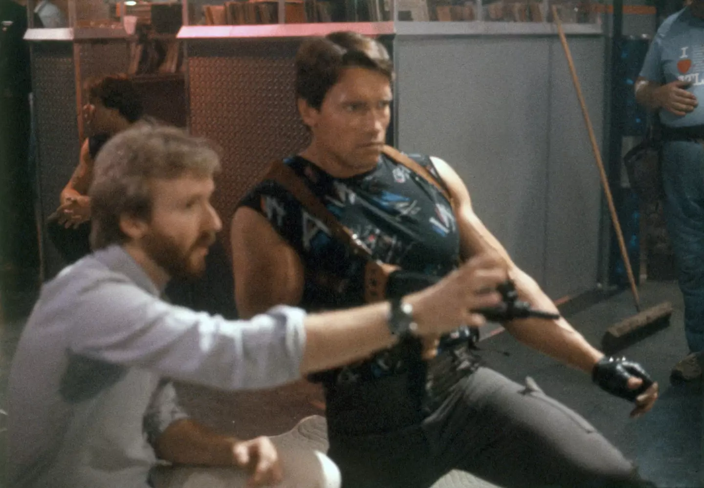 James Cameron on set with Arnie.