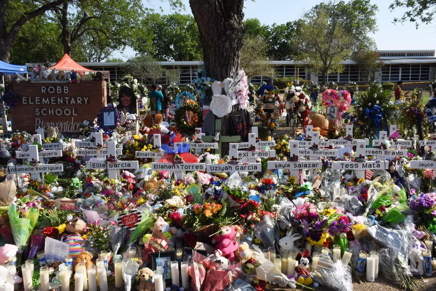 A memorial of flowers at Robb Elementary School in Uvalde.