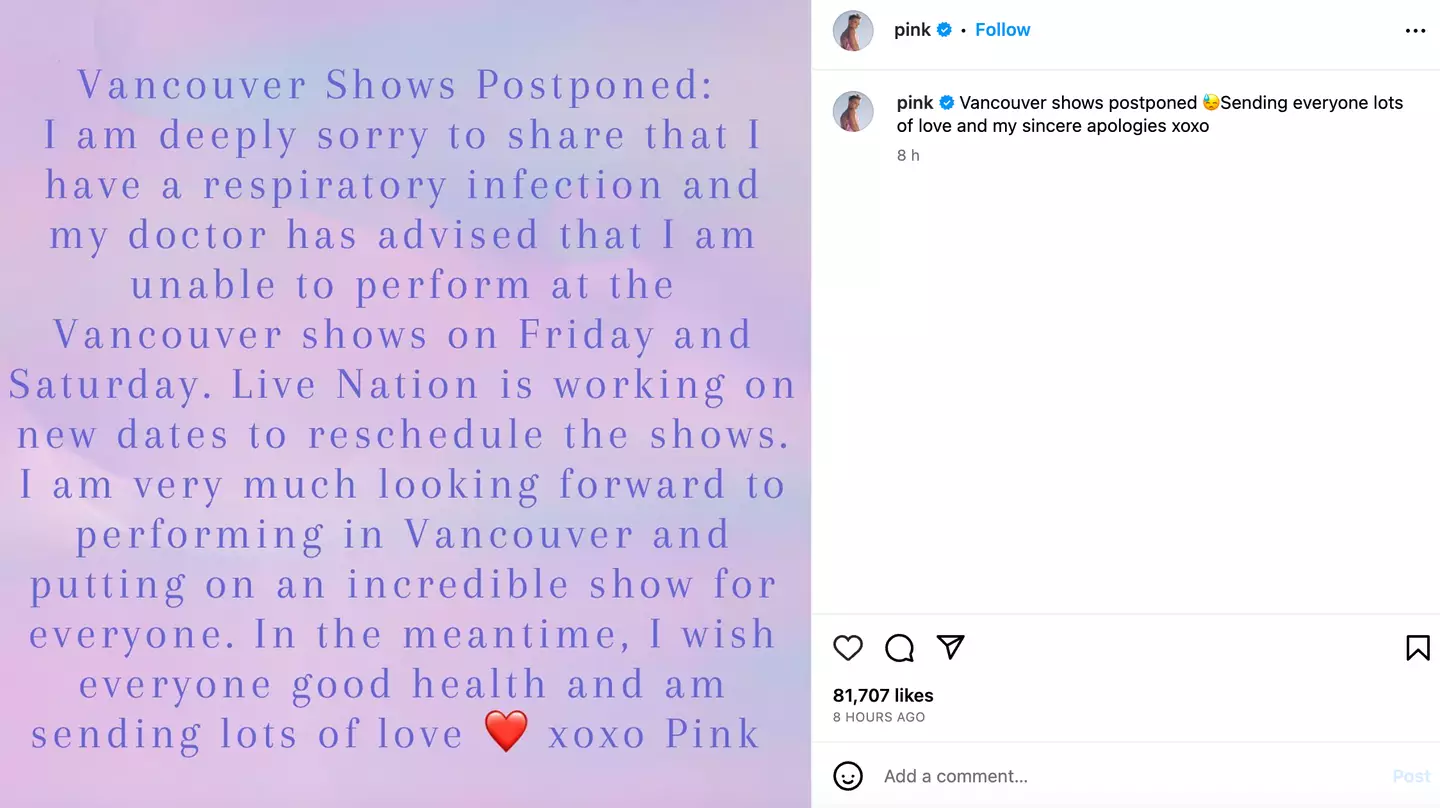 Pink has been advised by a doctor not to perform.