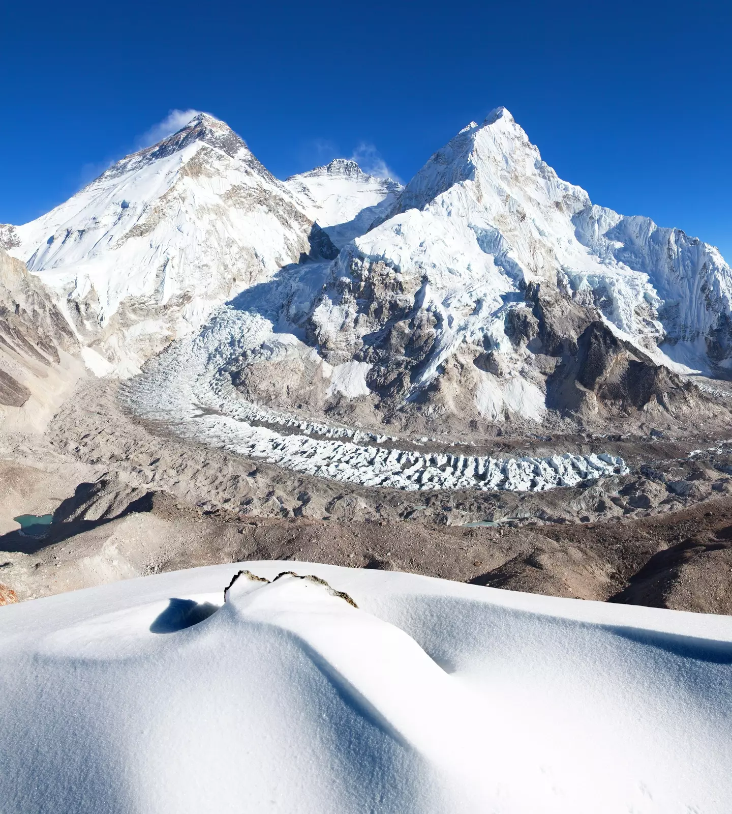 View of Mount Everest, Lhotse and Nuptse from Pumori base camp.