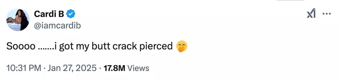 Cardi B recently revealed that she'd got her 'butt crack pierced' (Twitter/@iamcardib)