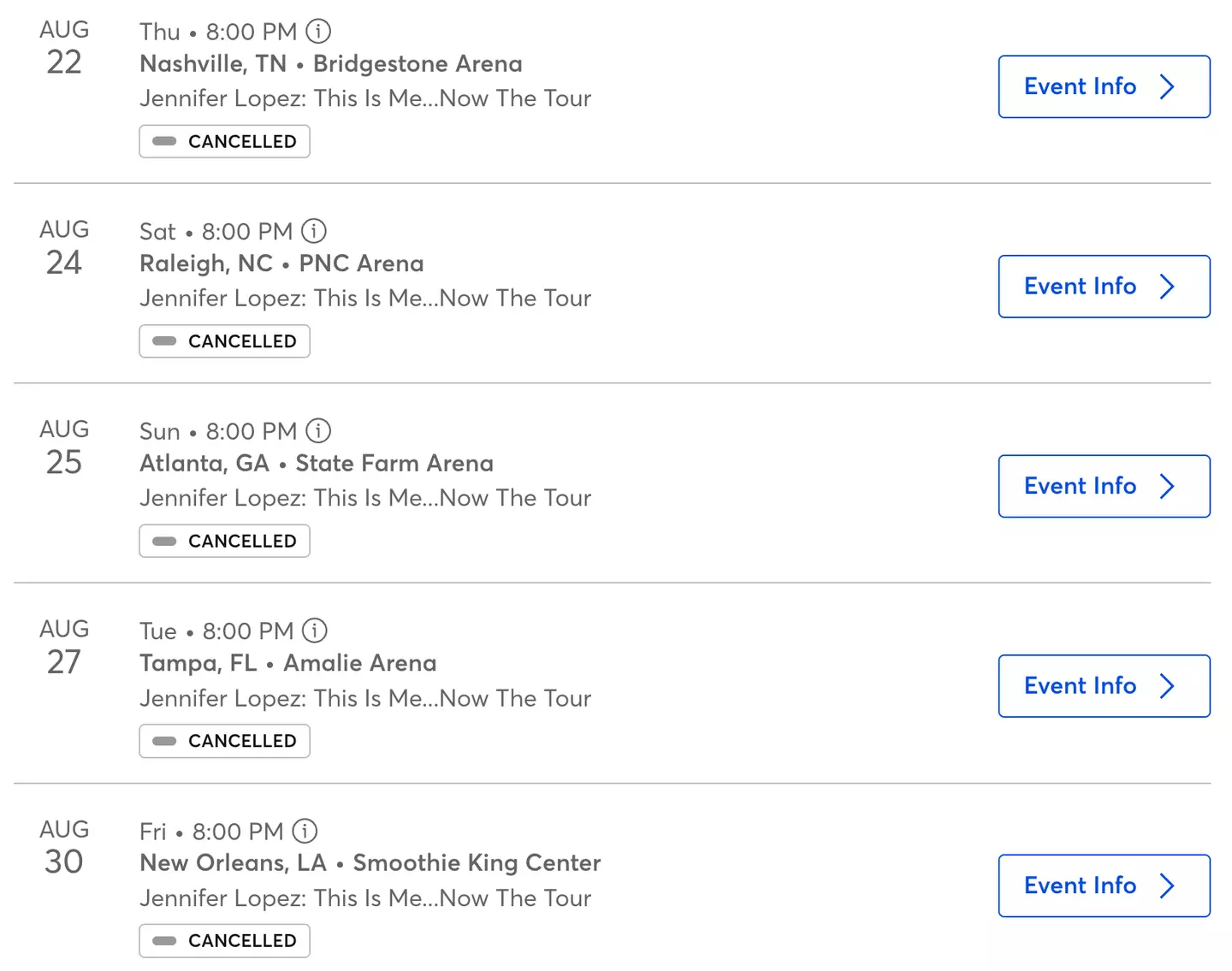 Seven tour dates are marked as cancelled on Ticketmaster
