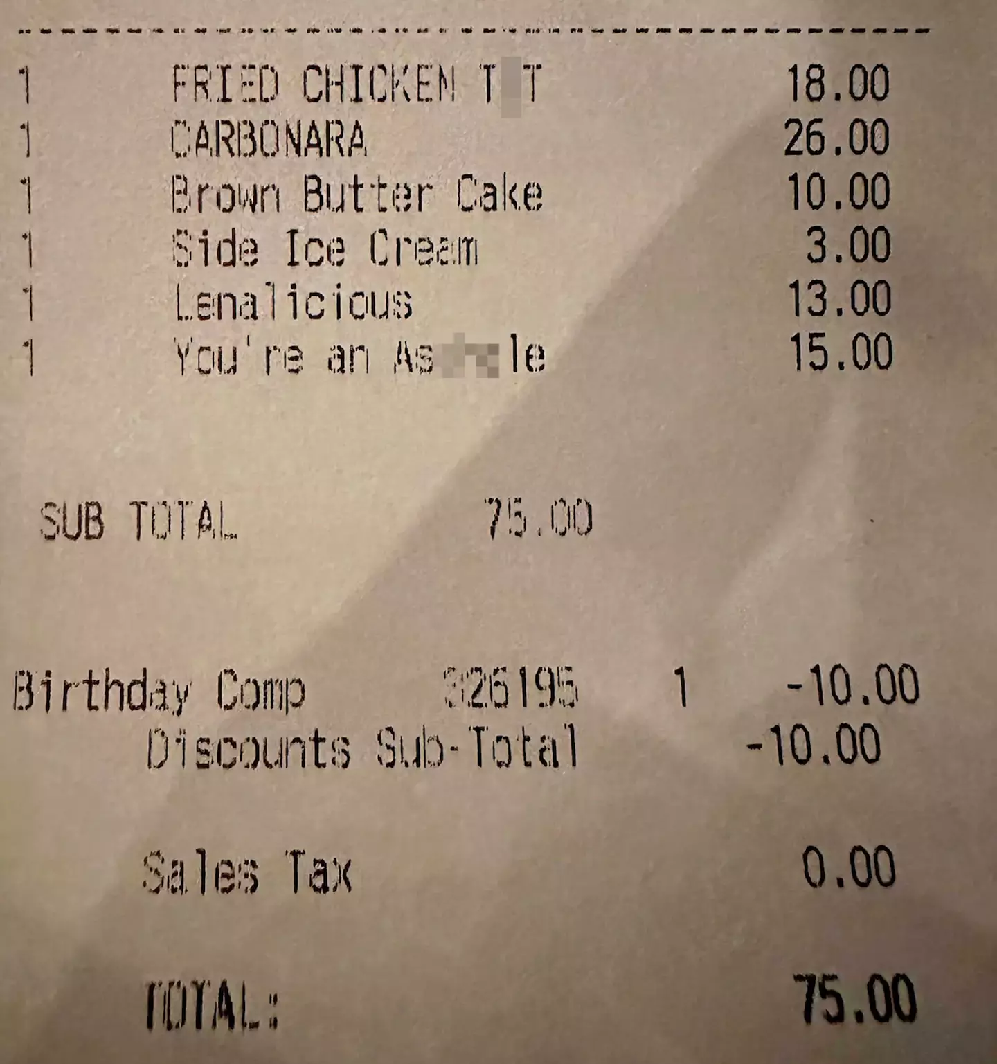 The hilarious receipt has gone viral on Reddit.