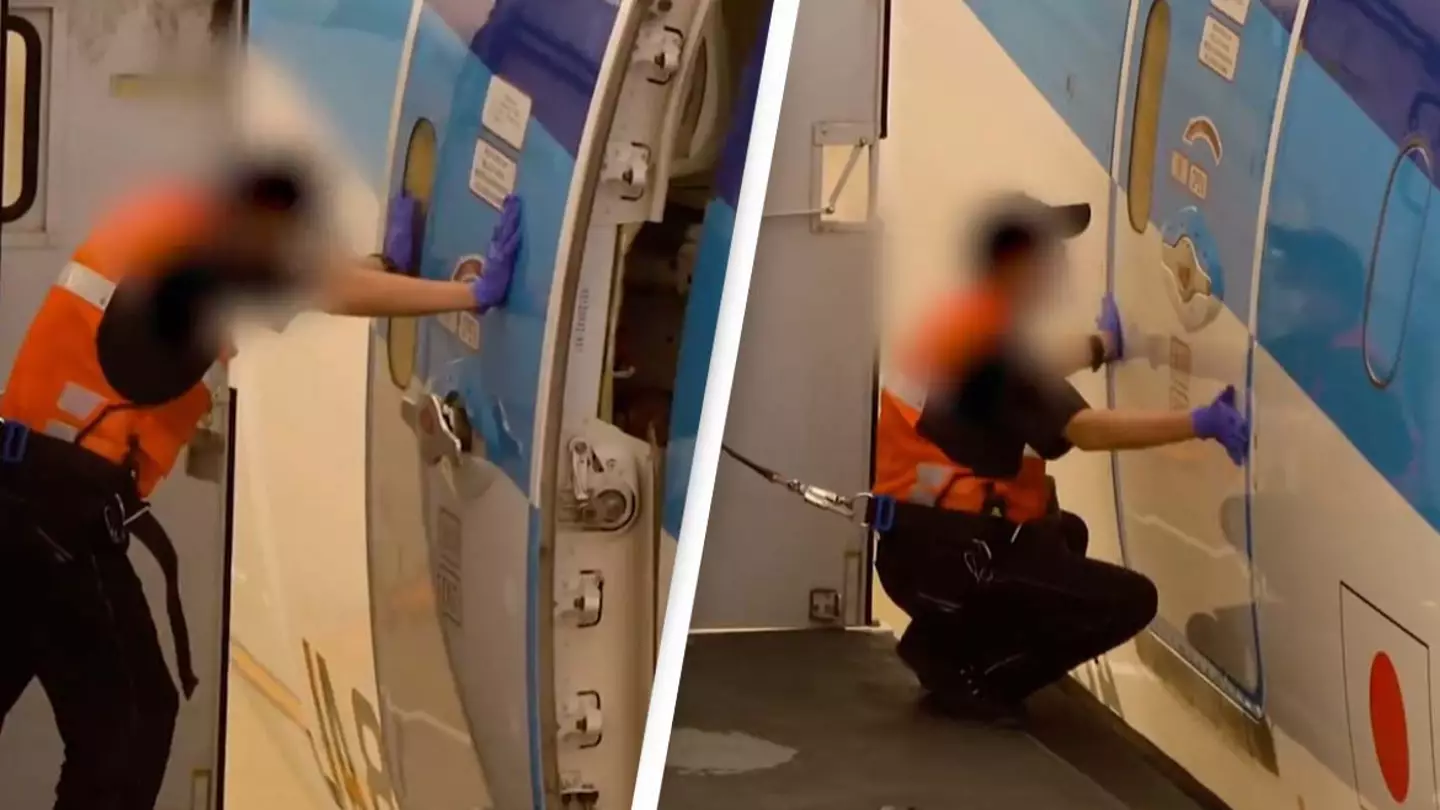 Airport worker divides opinion after being filmed doing 'final checks' on plane door from the outside