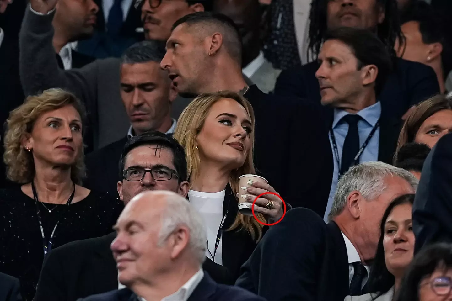 Adele has long been seen rocking some engagement ring-like jewelry. (Daniela Porcelli/ISI Photos/Getty Images)