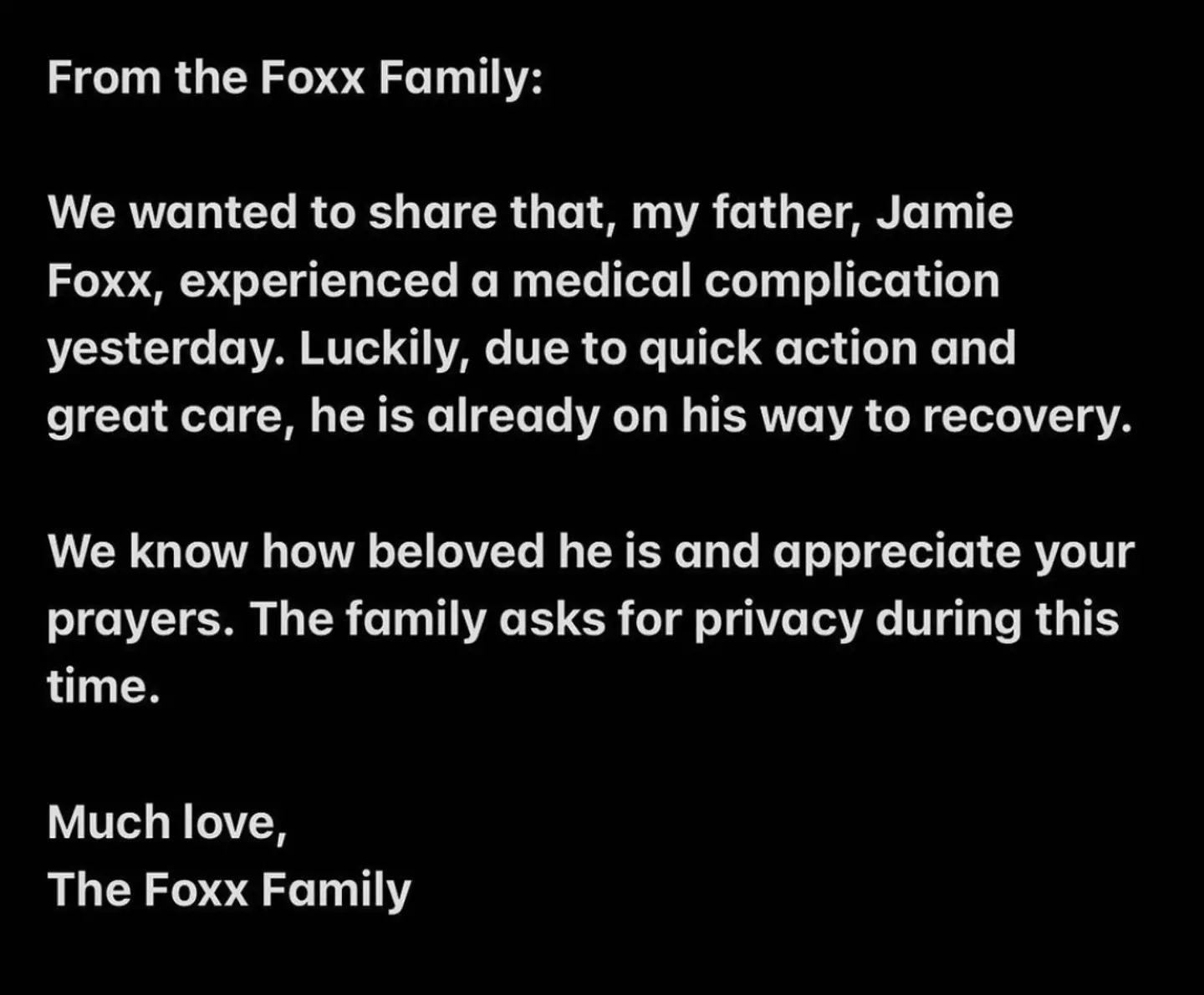 Corinne announced news of the complication on Instagram.