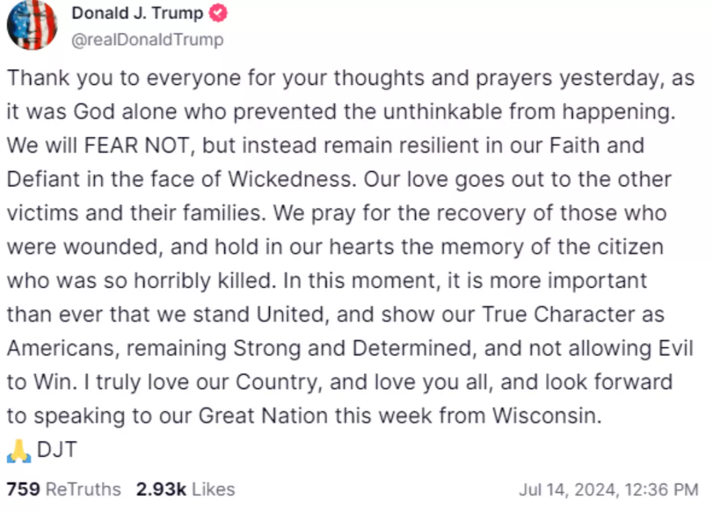 Trump's second statement about the incident (Truth Social/ Donald Trump)