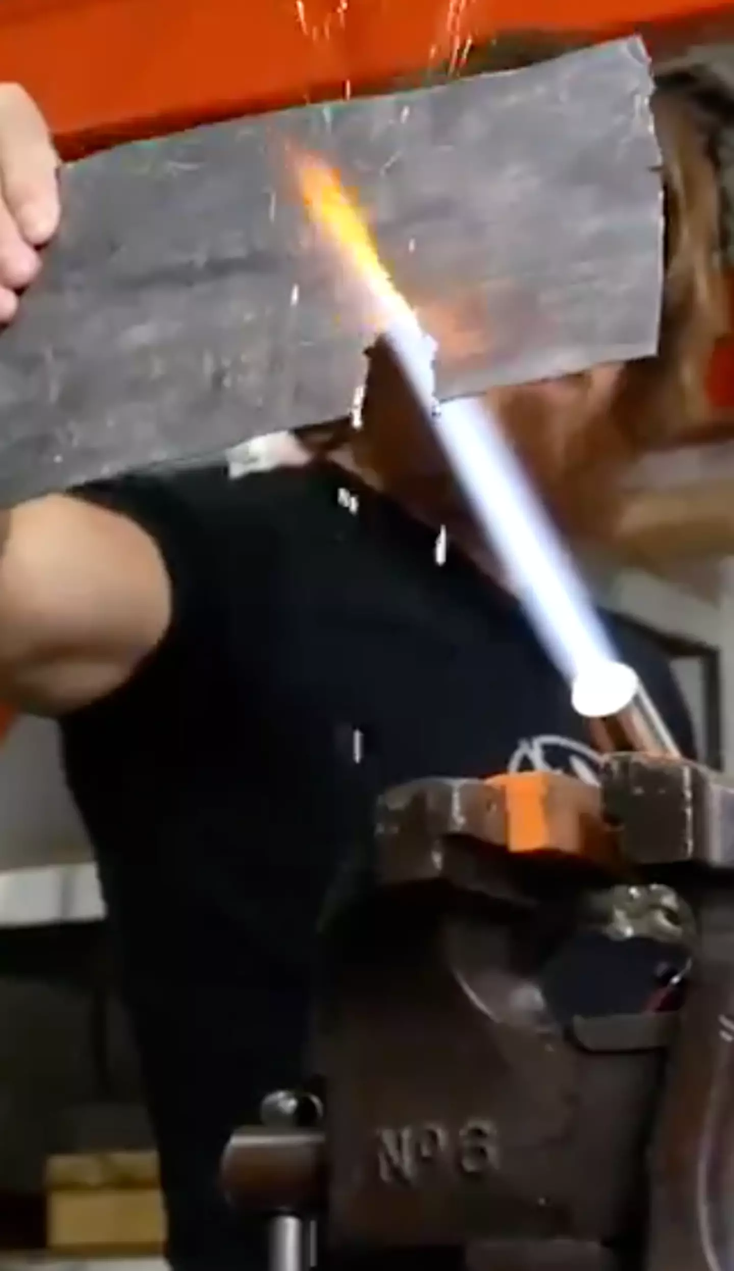 The tool cuts through steel.