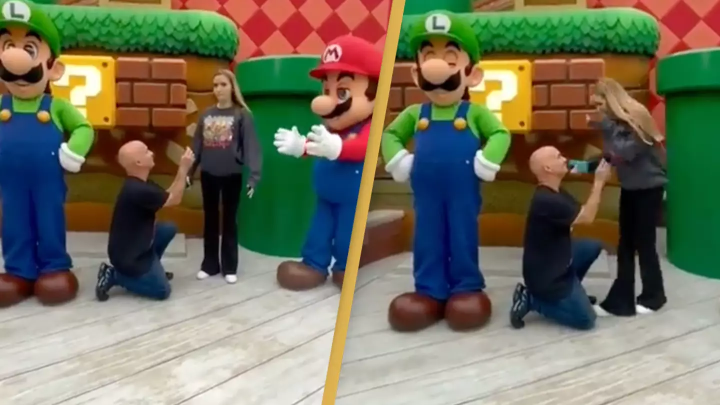 Couple's marriage proposal at Super Nintendo World goes viral after Luigi's savage reaction to it