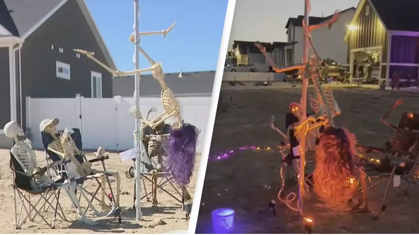 Homeowner defends installing controversial pole dancing skeleton Halloween display