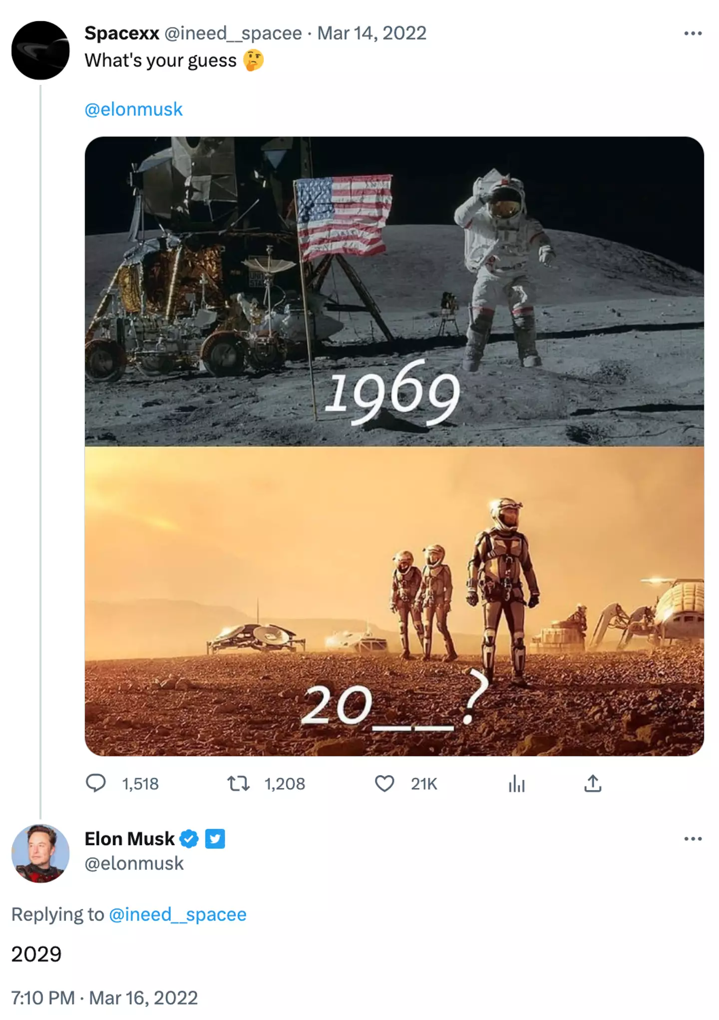 Musk suggested the first manned Mars mission could take place before the end of the decade.
