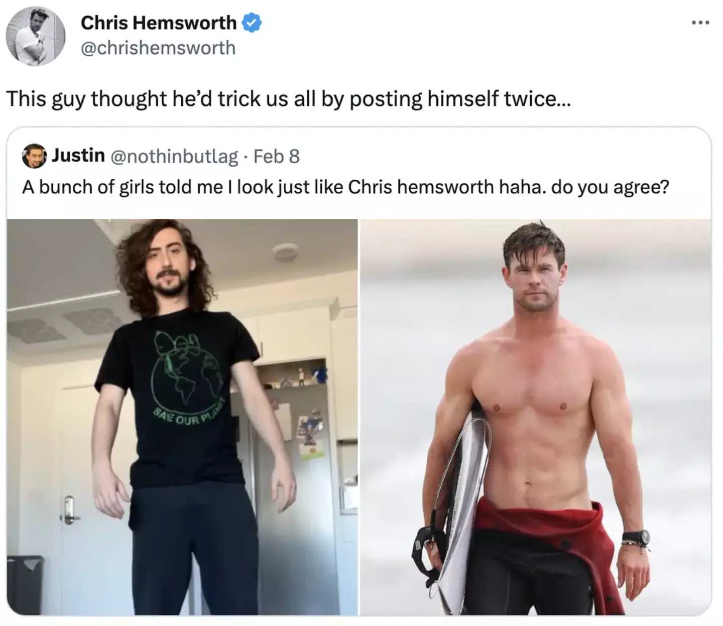 Hemsworth was probably the last person Justin expected to reply.
