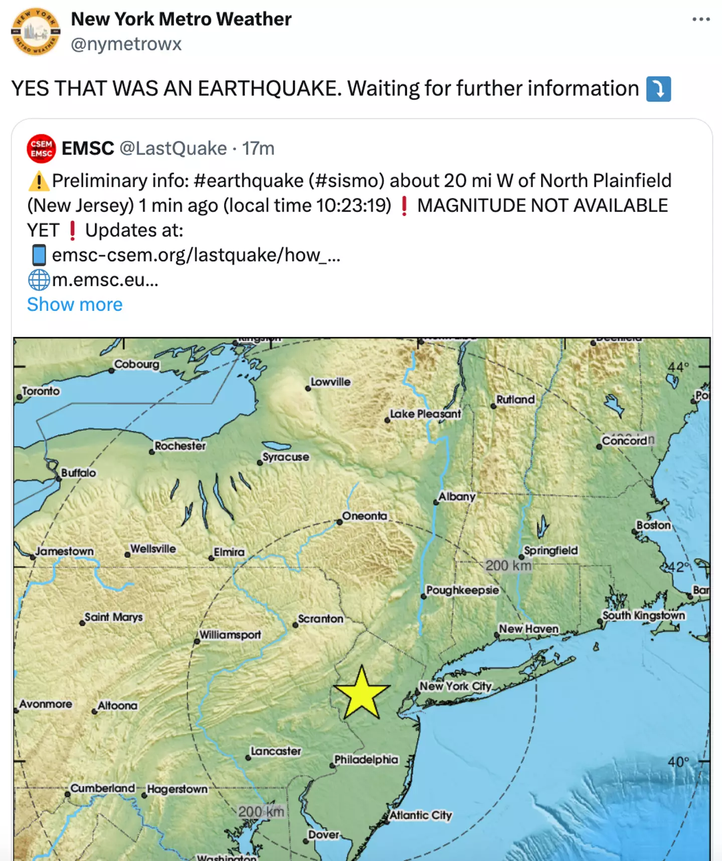 New York Metro Weather confirmed news of the earthquake.