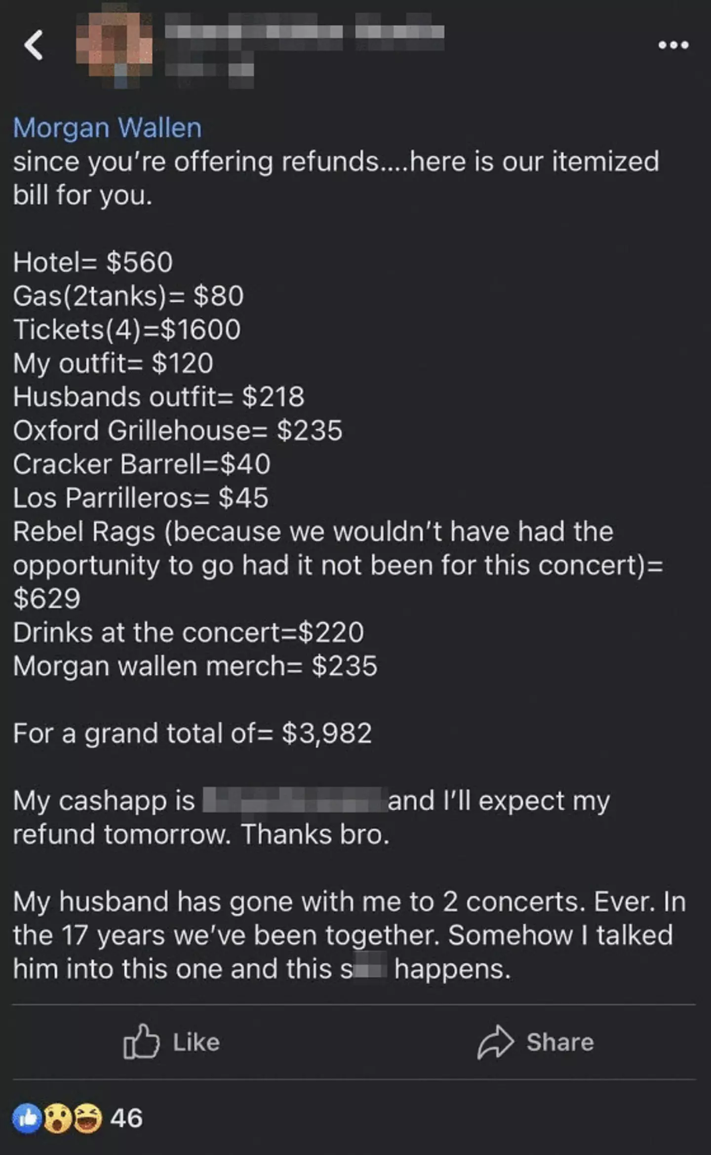 The concertgoer claimed they spent thousands.